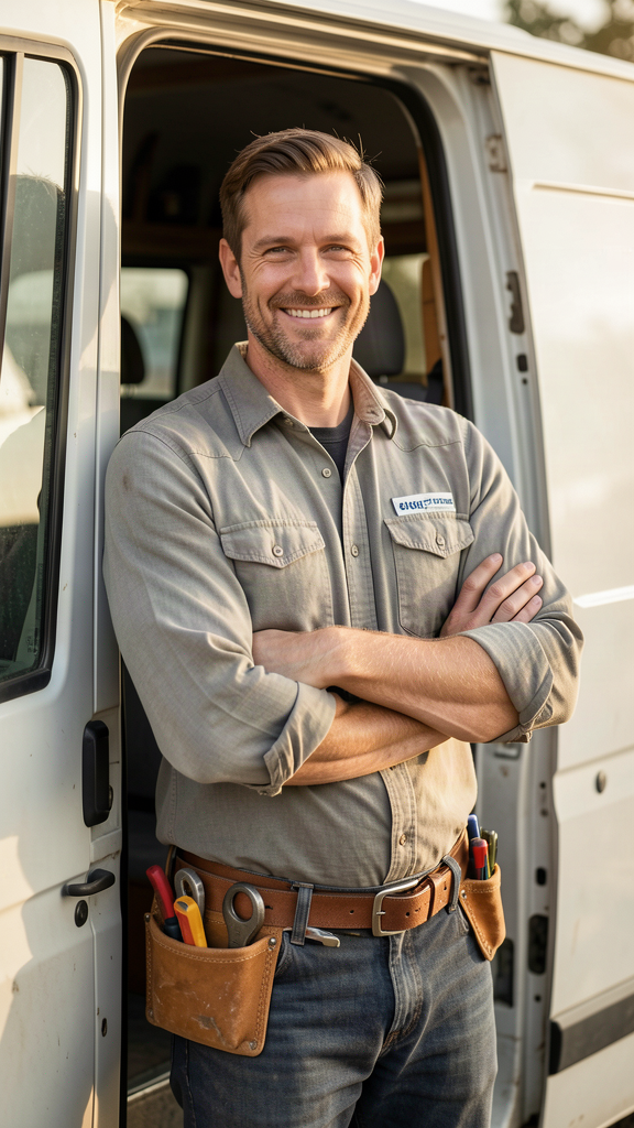 A local contractor standing in the doorway of his van, ready for the day